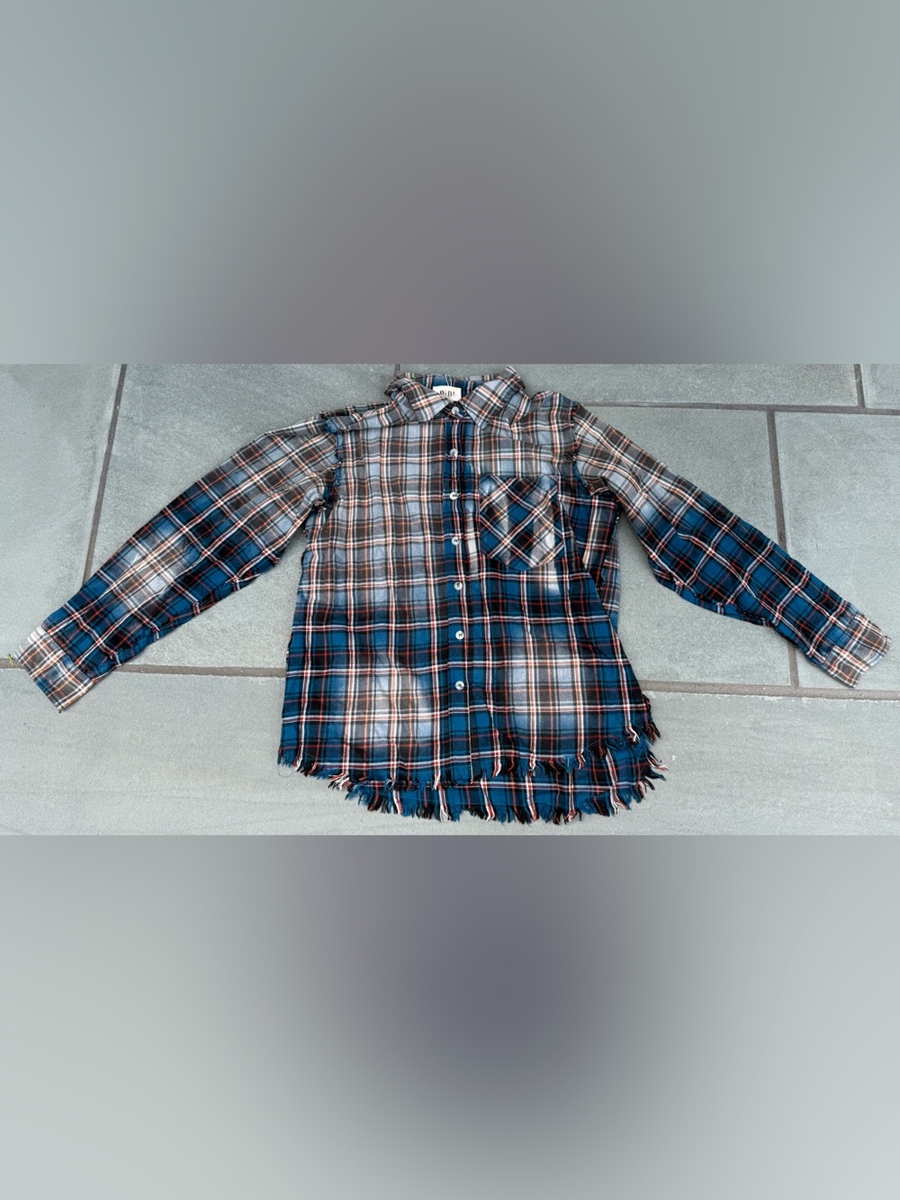 BiBi Plaid Button Up Shirt M Medium Blue Gray Frayed Hem Distressed Cotton Top